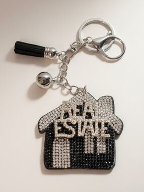 Rhinestone Real Estate House Bag Charm Keychain with Tassel - Black & Silver